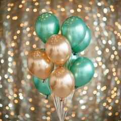 Festive bunch of balloons in teal and gold against a sparkling bokeh background creating a celebratory and elegant atmosphere perfect for special occasions