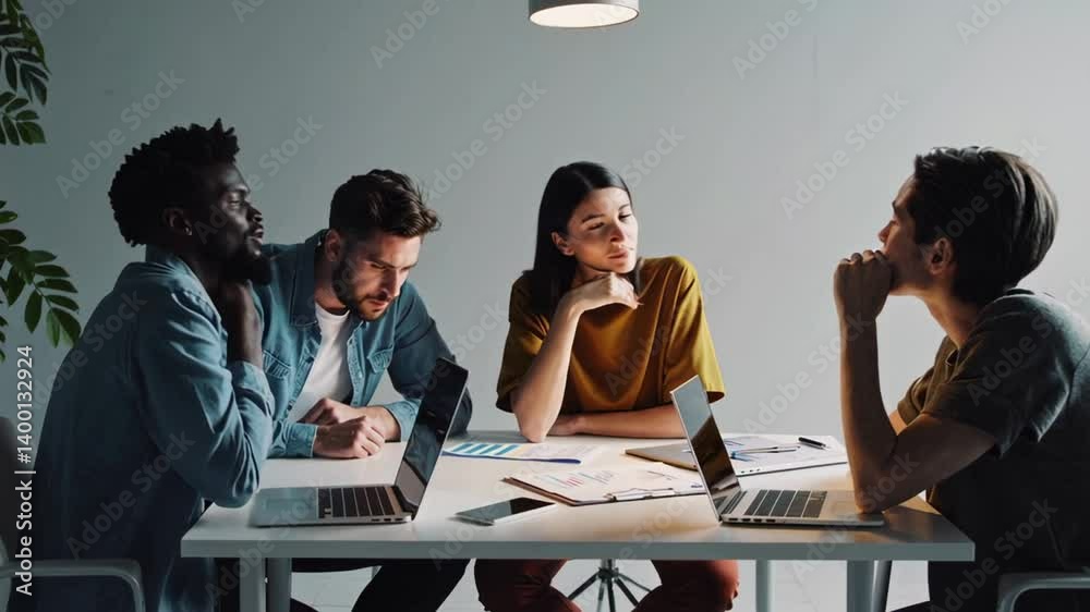 Poster three diverse colleagues, including an african american man, are engaged in a focused discussion, an