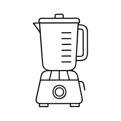 Line art drawing of a kitchen blender appliance with a tall glass jar and a wide base
