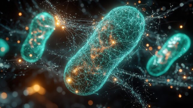 Exploring microbial life bacteria and their structures laboratory digital art scientific visualization close-up biology