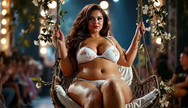  30 years old European woman with a very curvy figure, a gorgeous face in a white-pink bikini swinging on swing.