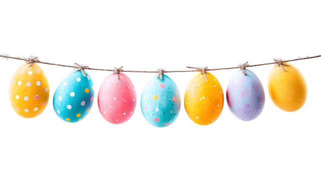 Colorful easter eggs hanging on a string with transparent background