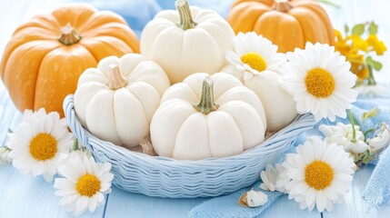 White Pumpkins and Daisy Flowers