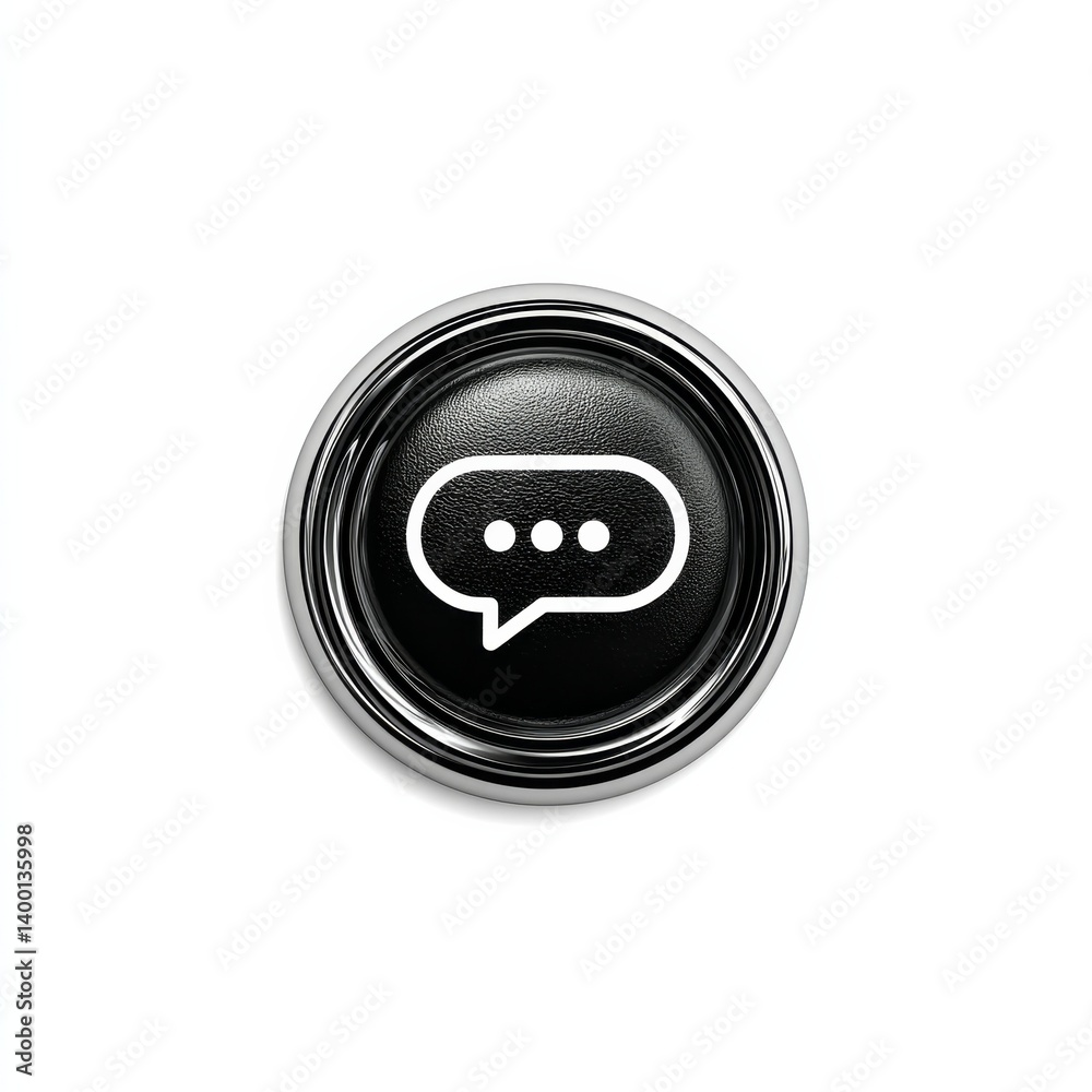Poster shiny chat button: a close-up view of a black and silver icon on white