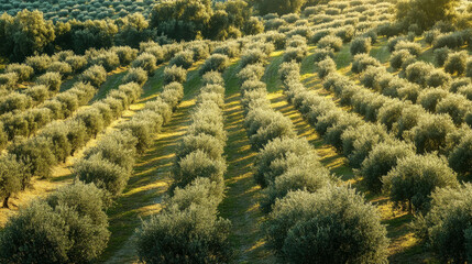 Fototapeta premium Top View Mediterranean Landscape with Rows of Olive Trees Stretching into the Horizon at Golden Hour. Mediterranean Olive Trees