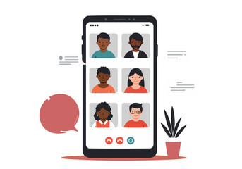 Diverse group video call on a smartphone. Smiling faces, casual attire, modern design. Perfect for illustrating communication, teamwork, and connection.