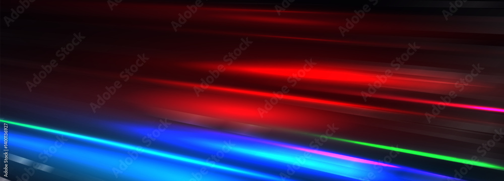 Poster motion light lines background with red, blue, green neon glow on dark gradient. futuristic speed eff