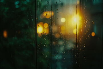Obraz premium A moody image of raindrops on window glass, with soft, blurry city lights shining in the background, evoking a sense of urban melancholy and atmospheric depth.