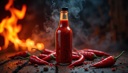 Hot sauce bottle fiery background fresh red chili peppers dramatic lighting smoky atmosphere rustic surface spicy food