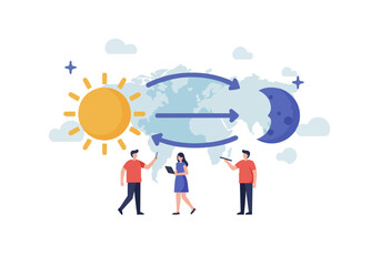 People observe Earth's rotation, with sunlight and moonlight illuminating different regions. A clear, illustrative concept for education or global communication.