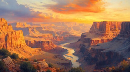 A breathtaking oil painting of the Grand Canyon at sunset, deep reds and oranges glowing on the rugged cliffs, golden light casting long shadows, the Colorado River winding through the vast landscape,