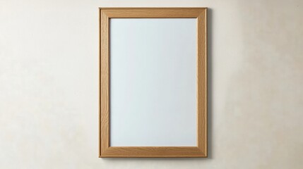 Blank white paper in wooden frame hanging on wall