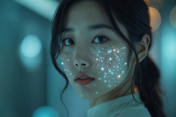 Captivating Close-Up Portrait of a Young Asian Woman with Glowing Digital Skin Overlay, Illustrating the Fusion of Human and Artificial Intelligence