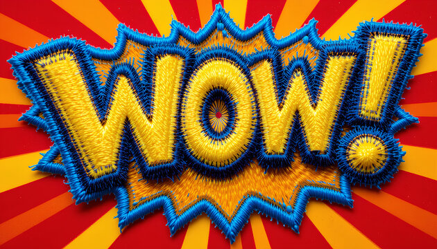 Colorful embroidered patch "WOW" text comic book style vibrant colors yellow letters blue outline red background