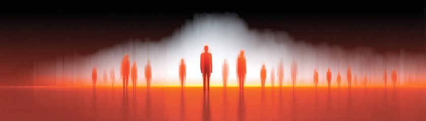 A surreal scene featuring shadowy figures against a gradient backdrop of red and white, evoking themes of isolation and presence.