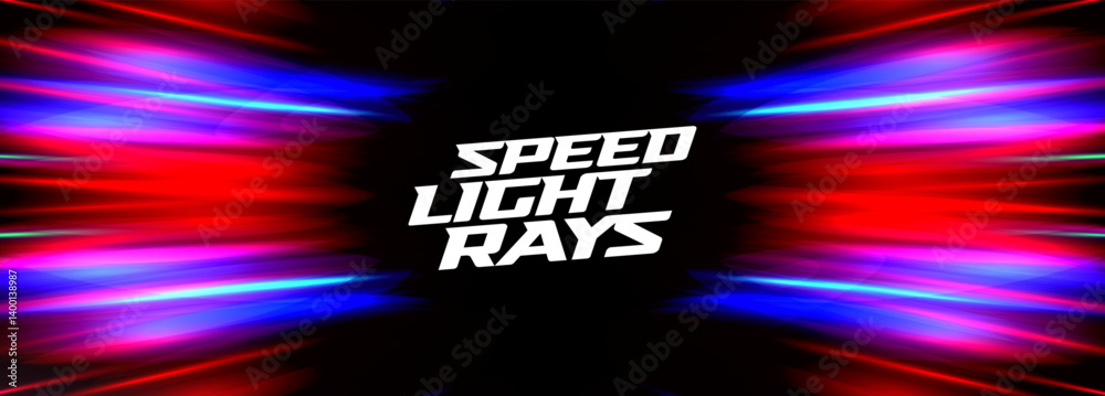 Poster speed light rays background with red, blue, pink neon lines on dark gradient. futuristic motion blur