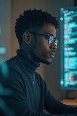 Young African American Software Engineer Focused on AI-Driven Code Development and Algorithm Design on Multiple Screens