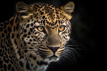 Naklejka premium Majestic Leopard Portrait With Striking Amber Eyes And Detailed Fur Pattern On A Dark Background, leopard, portrait, animal, wildlife, feline, cat, predator, carnivore, mammal, wild, face, eye, fur