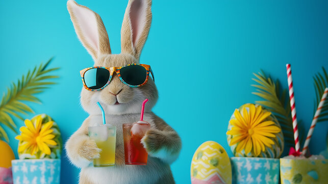 Easter bunny with sunglasses drinking juice on a blue background summer vacation holiday celebration