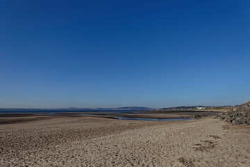 The beach and sea defences at Monifieth looking towards Broughty Ferry and the Fife Coast in the background on an April Morning.