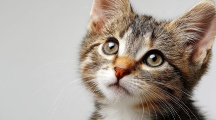 Closeup of an adorable kitten gazing upwards with wide, curious eyes
