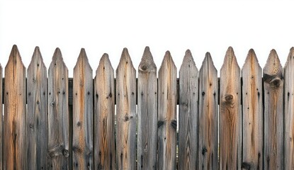 Rustic Wooden Fence with Sharp Points and Weathered Texture Against a White Background