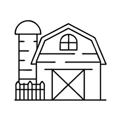 Farm Barn with Silo and Fence Line Drawing Illustration