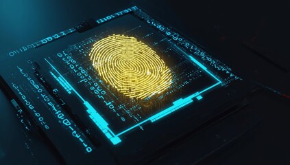 Glowing yellow fingerprint displayed on high tech digital interface with binary code representing secure biometric authentication, identity verification, cybersecurity, and futuristic data protection.