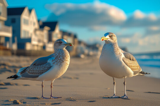 A photo of two seagulls sitting on a sandy beach, with colorful houses and a calm coastal backdrop in the distance.
