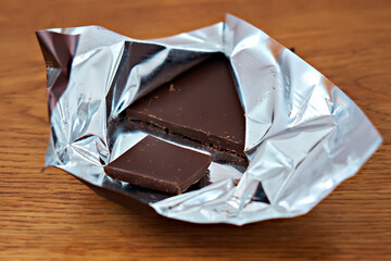 Two pieces of chocolate in foil packaging isolated on wooden background. Selective focus