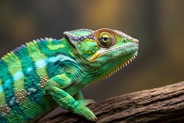 Obraz premium Striking Panther Chameleon Close Up On Branch With Vibrant Green And Turquoise Scales Revealing Intricate Skin Texture, panther chameleon, chameleon, reptile, lizard, animal, wildlife, nature, exotic