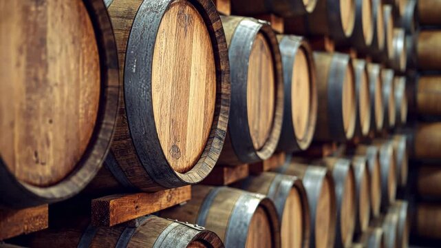 Oak barrels stacked in a winery warehouse