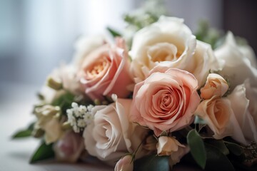 Obraz premium Delicate bridal bouquet of blush and cream roses. Soft, romantic floral arrangement