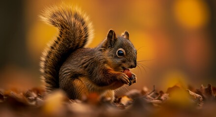 Fototapeta premium Squirrel Eating Nut in Autumn Leaves Closeup