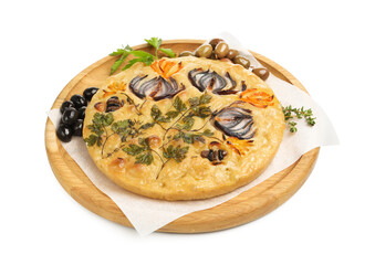 Delicious focaccia with flowers made of vegetables isolated on white