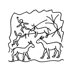 Ancient Cave Painting Depicting Prehistoric Humans Hunting Deer and Horses