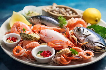 Food with assortment of fresh organic seafood