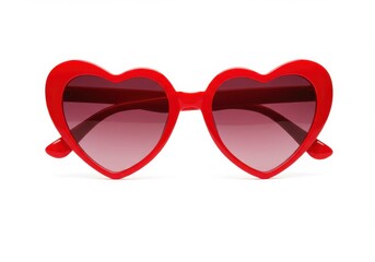 A close up of red heart shaped sunglasses on a white background with gradient lenses and plastic frame