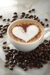 Heartwarming coffee art on marble table with coffee beans creating a cozy and inviting atmosphere for a delightful morning