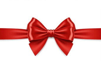 Fototapeta premium A shiny red satin bow centered on a white background with horizontal ribbon tails extending out wide