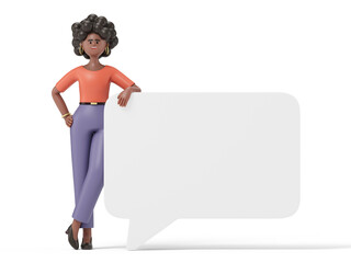 woman leans on a speech bubble, symbolizing communication or announcement readiness. 3D rendering, conceptual image. Isolated on white background.