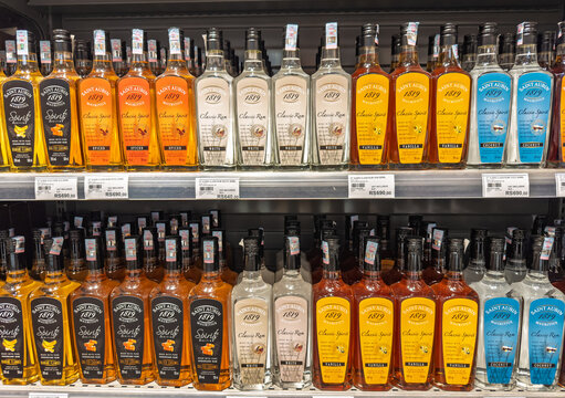 Grand Bay, Mauritius - January 29, 2025: Assortment of Saint Aubin rum varieties, including Classic Rum, Classic Spirit, and Spirits Edition flavors, on display