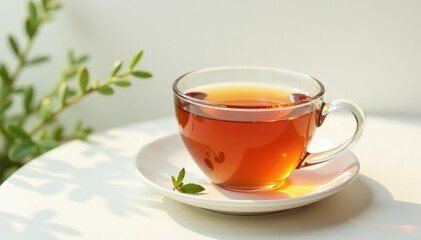 Tea cup on a minimalist background featuring a few sprigs of greenery, table, delicate