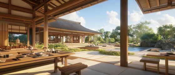 Obraz premium Serene Japanese Villa Retreat with Tranquil Garden View Elegant Wooden Architecture and Peaceful Atmosphere for Relaxation and Reflection in Nature's Embrace