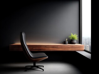 Executive wooden desk with leather office chair in dark minimal workspace featuring black matte wall sharp lighting and elegant decorative plant in corner for business environments