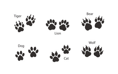 Animal footprints silhouette on white background, Set of footprints of wild animals, illustration of black silhouette