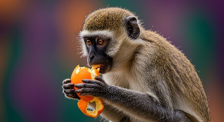 Obraz premium Monkey Eating Orange Closeup in Nature