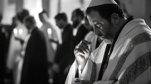 Jewish man praying with candle in synagogue during ceremony
