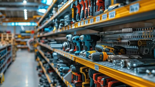 Hardware store aisle featuring a wide variety of cordless power tools for construction and renovation
