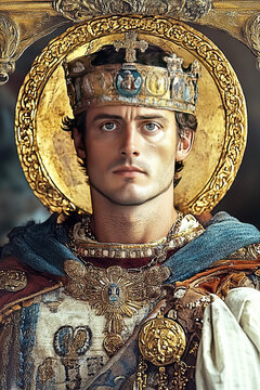 Portrait of Justinian I the Byzantine Emperor in Traditional Robes and Crown